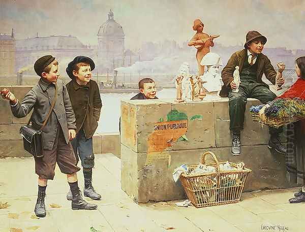 Young Pedlars on the Pont Des Arts, Paris Oil Painting by Paul Charles Chocarne-Moreau