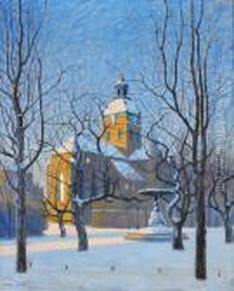 Jakobs Kyrka I Vinterskrud - Stockholm Oil Painting by Aron Gerle