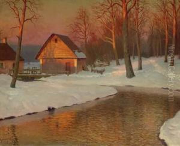 Winter Landscape With Cottage Oil Painting by Mikhail Markianovich Germanshev