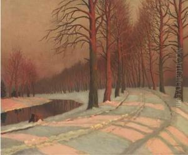 A Riverside Track In The Snow Oil Painting by Mikhail Markianovich Germanshev