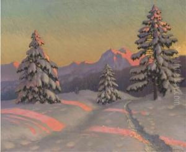 A Sunlit Track In The Snow Oil Painting by Mikhail Markianovich Germanshev