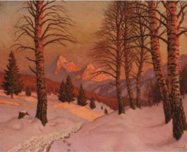 Sunset Over A Winter Landscape Oil Painting by Mikhail Markianovich Germanshev