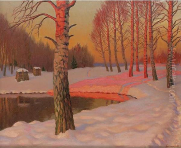 Winter Sunset Oil Painting by Michail Markianovic Germasev