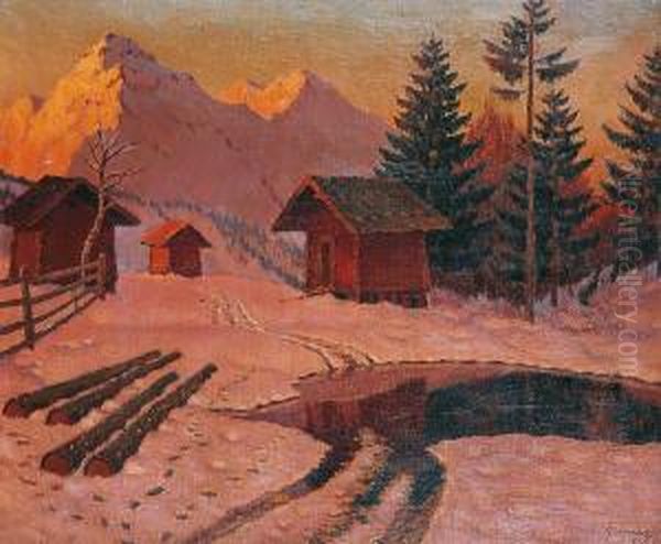 Paysage De Neige Au Soleil Couchant Oil Painting by Michail Markianovic Germasev