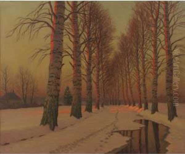 Winter Sunset Oil Painting by Michail Markianovic Germasev