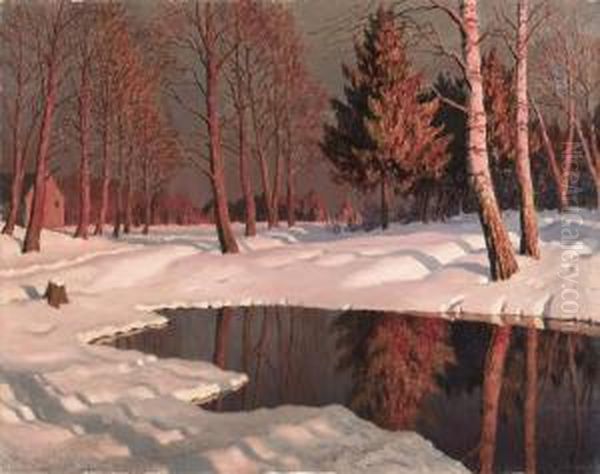 Winter Lake Landscape Oil Painting by Michail Markianovic Germasev