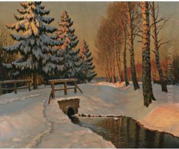 Winter Sunset Oil Painting by Michail Markianovic Germasev