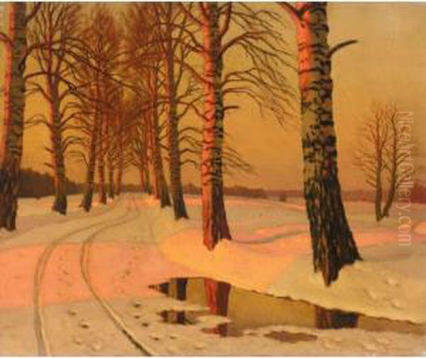 A Pair Of Winter Landscapes Oil Painting by Michail Markianovic Germasev