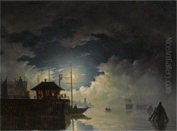 A Moonlit Harbour With A Ferry In The Foreground Oil Painting by Hendrik Gerrit ten Cate