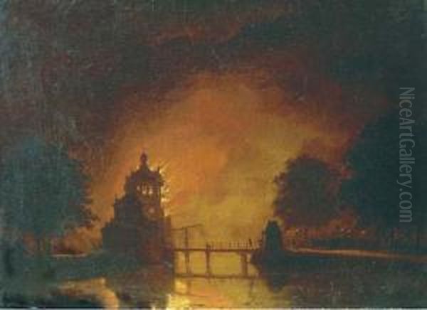 A Tower Ablaze Oil Painting by Hendrik Gerrit ten Cate