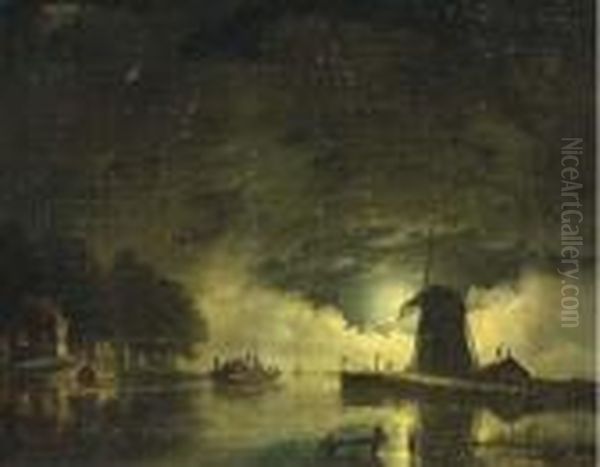 A Ferry Crossing By Moonlight Oil Painting by Hendrik Gerrit ten Cate