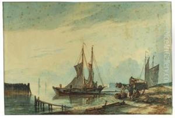 Fishing Boats Moored By A Jetty, Tradesmen And A Horse-drawn Carton The Beach Oil Painting by Hendrik Gerrit ten Cate