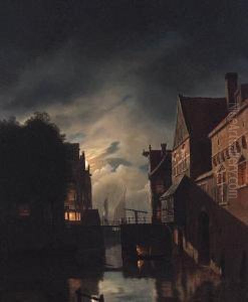 A Canal In Amsterdam, By Night Oil Painting by Hendrik Gerrit ten Cate