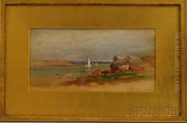 Shore View With Cows And Sailboats Oil Painting by Samuel Lancaster Gerry