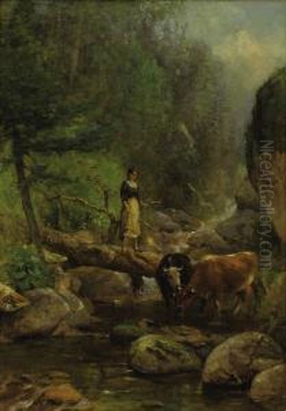 Crossing The Creek Oil Painting by Samuel Lancaster Gerry