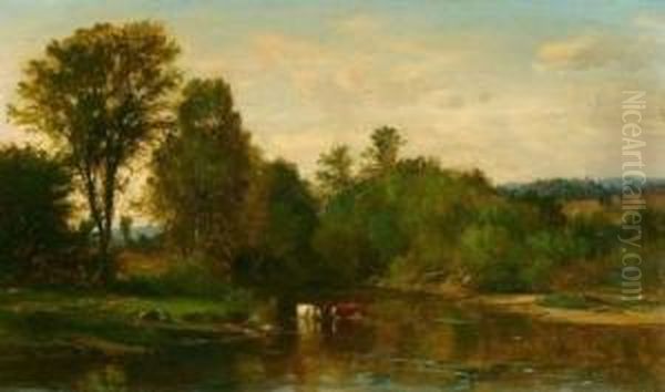 Pastoral Landscape With Cows By The Riverside Oil Painting by Samuel Lancaster Gerry