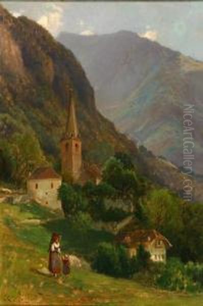 Mother And Child In An Alpine Landscape Oil Painting by Samuel Lancaster Gerry