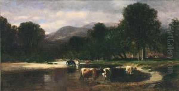 Cows Watering In A Mountain Landscape Oil Painting by Samuel Lancaster Gerry