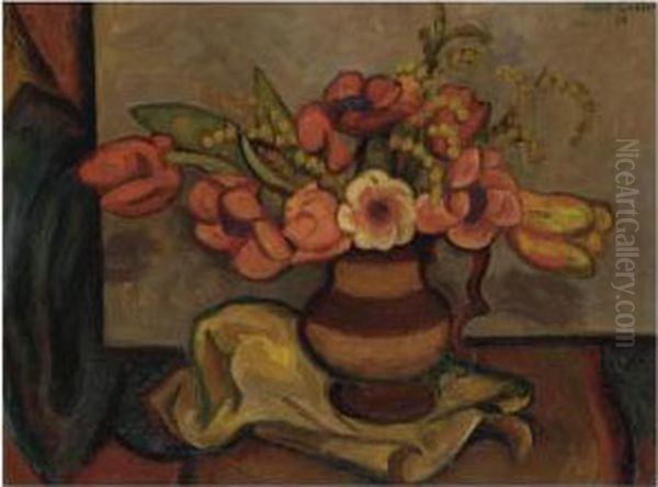 Tulips And Mimosa Oil Painting by Mark Gertler