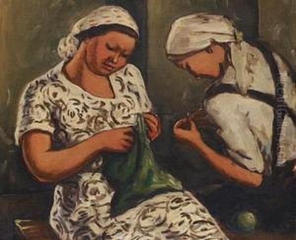 Native Women Knitting Oil Painting by Mark Gertler