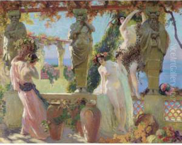 Harvesting Grapes On The Pergola Oil Painting by Paul Jean Gervais