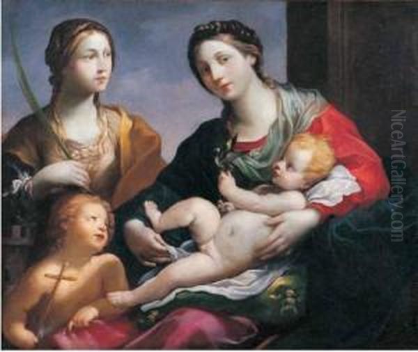 Madonna Con Il Bambino, San Giovannino E Santa Barbara Oil Painting by Francesco Giovanni Gessi