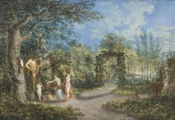 Vue D'un Parc, Avec Deux Femmes Et Un Enfant Devant Une Statue Oil Painting by Salomon Gessner