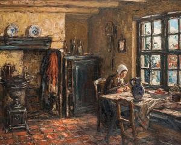 Femme Attablee Dans Un Interieur Oil Painting by Albert Geudens