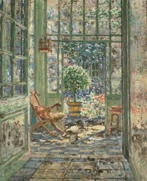 Conservatory With Garden Beyond Oil Painting by Albert Geudens