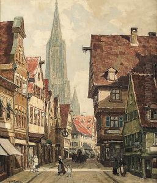 A Townview With A Cathedral Oil Painting by Fritz Geyer