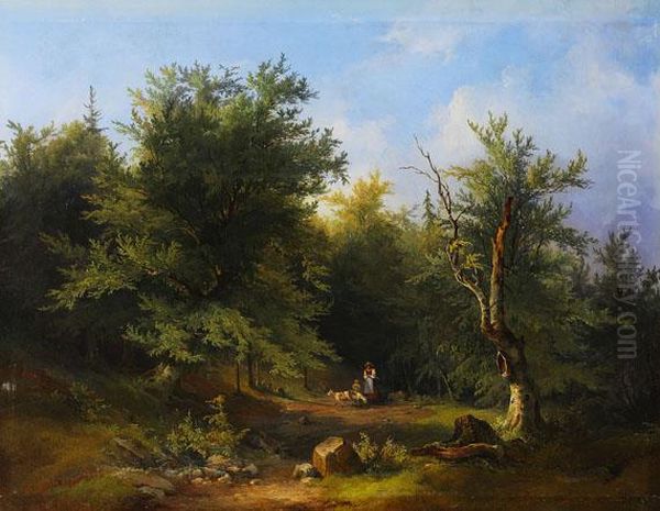 Waldweg Mit Ziegenhirtin Oil Painting by Georg Geyer