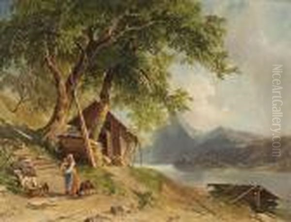 Hutte Mit Bauerin Undziegen Am Fluss Oil Painting by Georg Geyer