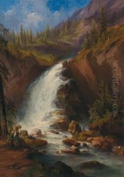 The Schwarzbach Falls At Golling Oil Painting by Georg Geyer