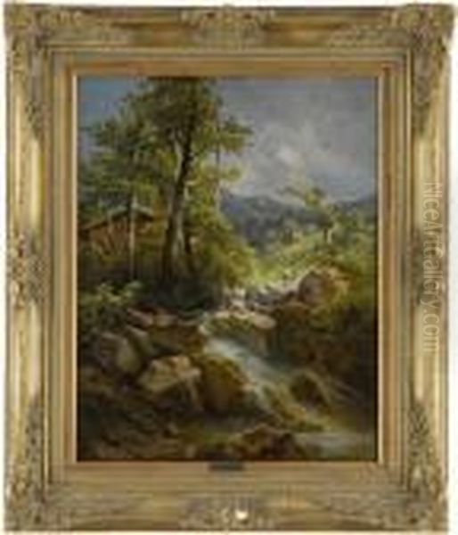 Gebirgslandschaft Mit Wildbach. Oil Painting by Georg Geyer