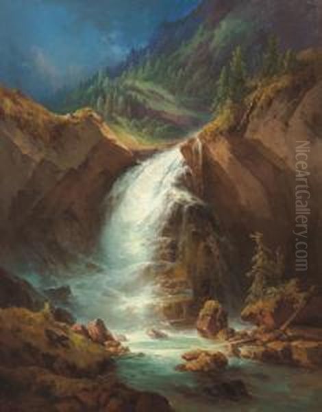 Der Schwarzsbachfall Bei Golling Oil Painting by Georg Geyer