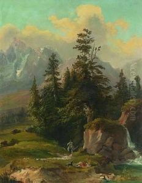 Jager Und Hund Bei Dem Erlegten
 Hirsch Oil Painting by Georg Geyer