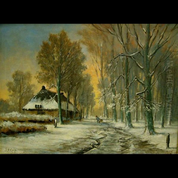 Winter Scene Oil Painting by Adriaan Marinus Geijp