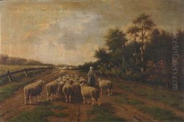 Shepherdess With Herflock Oil Painting by Adriaan Marinus Geijp