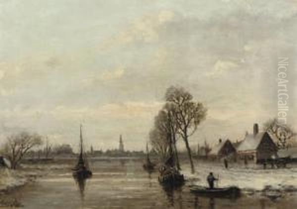 Boats On A River In Winter Oil Painting by Adriaan Marinus Geijp