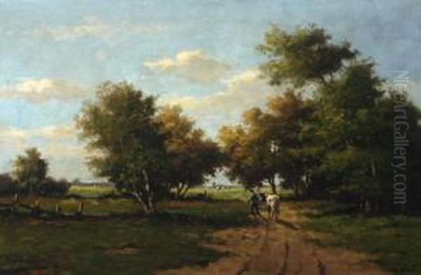 Farmer With Cow On A Country Road Oil Painting by Adriaan Marinus Geijp