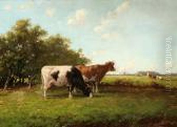 Cows In A Meadow Oil Painting by Adriaan Marinus Geijp