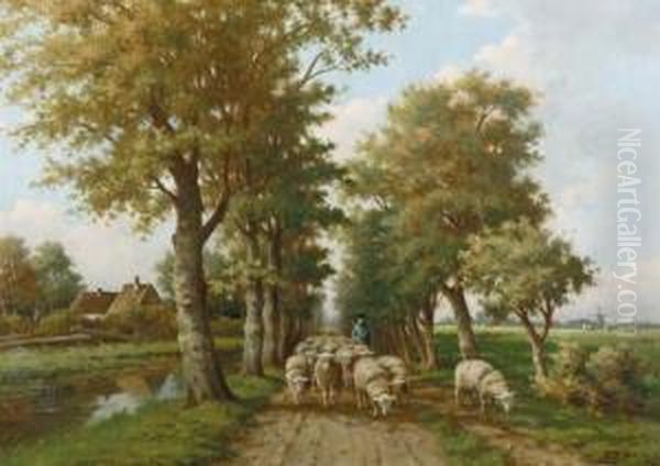 Minding The Flock On A Summer's Day Oil Painting by Adriaan Marinus Geijp