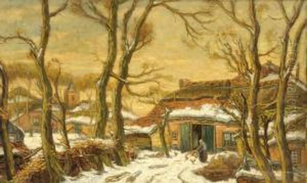 A Woman Feeding Chickens By A Farm In A Winter Landscape Oil Painting by Adriaan Marinus Geijp