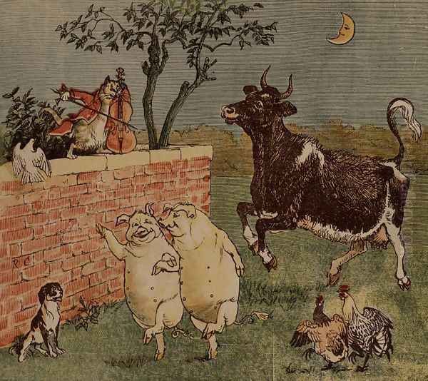 The Cat and the Fiddle and the Cow - Illustrations from Hey Diddle Diddle Oil Painting by Randolph Caldecott