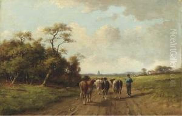 Leading The Cattle To The Pasture Oil Painting by Adriaan Marinus Geijp