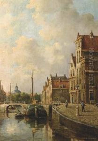 Canal In A Dutch Town Oil Painting by Adriaan Marinus Geijp