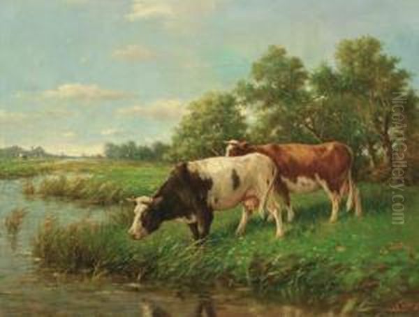 Cows In A Meadow Oil Painting by Adriaan Marinus Geijp