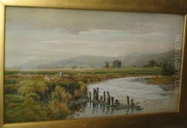 River Landscape With Figures Resting On A Bank Oil Painting by Peter Ghent