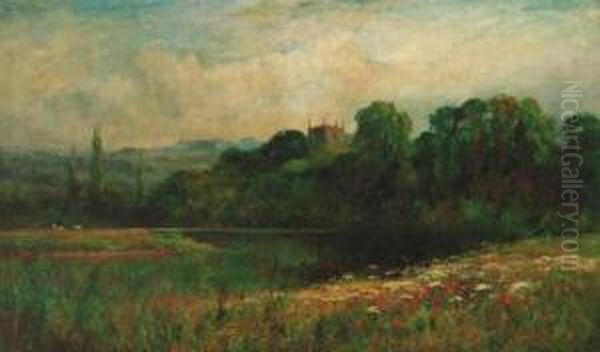 A Tranquil River With A Church Beyond Oil Painting by Peter Ghent