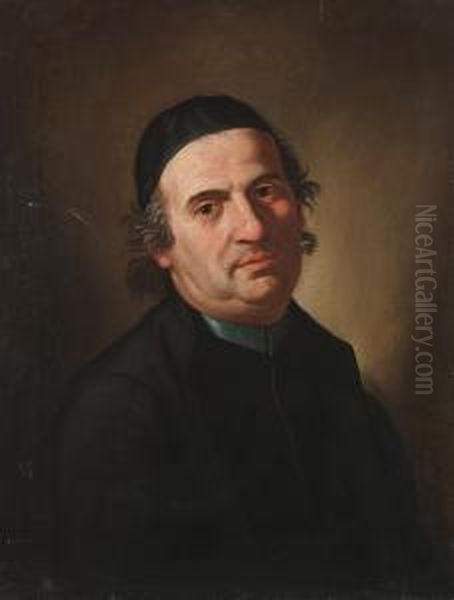 Portrait Of A Cleric, Bust-length, In Black Costume With A Black Skull Cap Oil Painting by Pier Leone Ghezzi